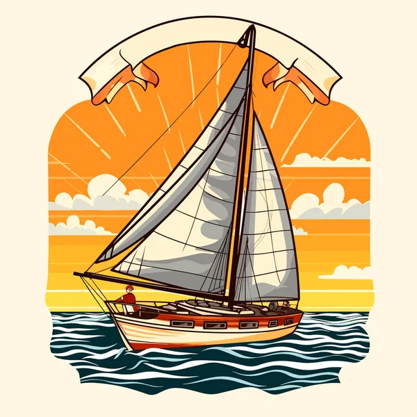 Segelboote Auf See Yacht Club Schiffsanlegestelle Zeichentrickvektorillustration Etikett Aufkleber Shirt — Stockvektor