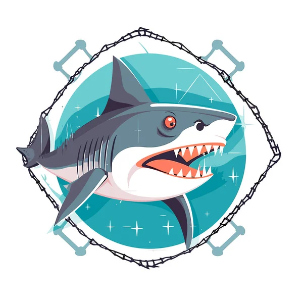 Gefahr Einer Hai Attacke Wasserschutzgebiet Meereslebewesen Zeichentrickvektorillustration Etikett Aufkleber Shirt — Stockvektor