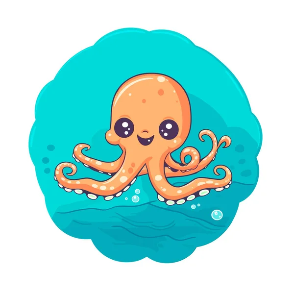 Little Smiling Octopus Water Pool Children Cartoon Vector Illustration Label — Stock Vector