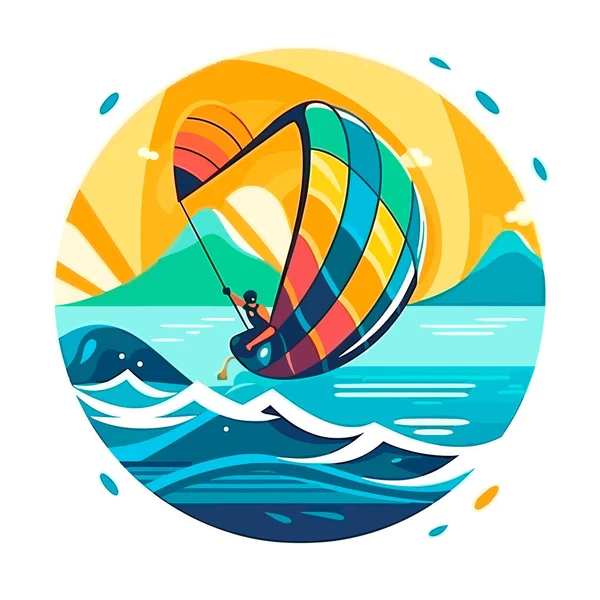 Windsurfen Kitesurfen Open Zee Surf School Cartoon Vector Illustratie Label — Stockvector