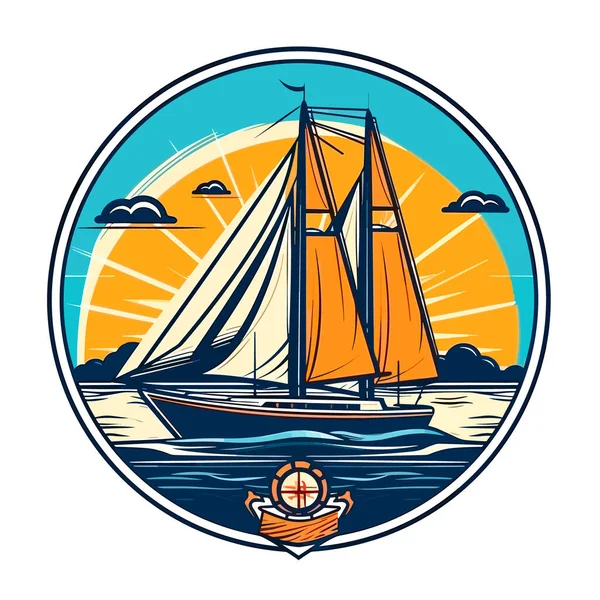 Jachtclub Zeilboten Zee Marine Dok Cartoon Vector Illustratie Label Sticker — Stockvector