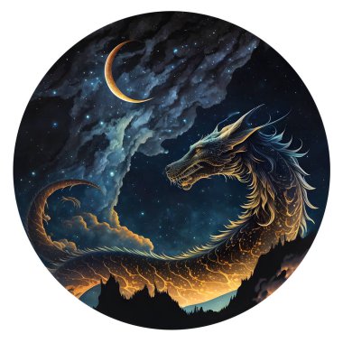 Ay ışığında ve parlak yıldızlarda bir gece ejderhası. Asyalı mitolojik yaratık. izole edilmiş arkaplan, sanat illüstrasyonu, etiket, çıkartma, t-shirt yazdırma