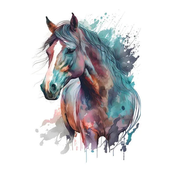 马头的水彩画 隔离的黑色背景 艺术插图 T恤衫印刷 — 图库照片