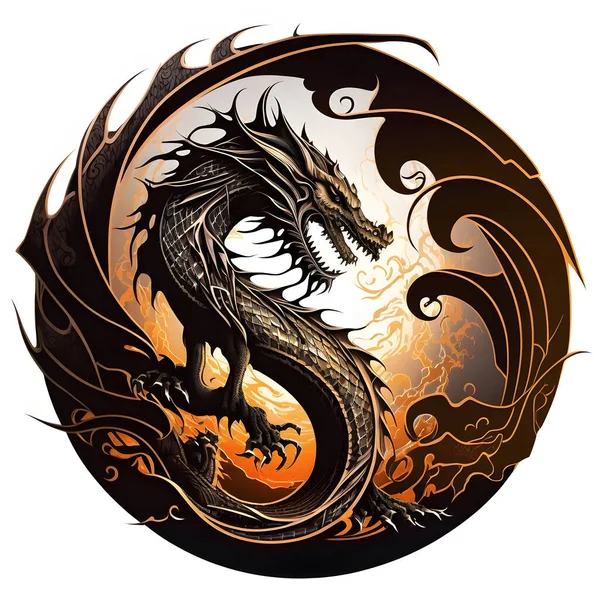 Dairesel amblemde kıvranan orangutan bir ejderha. Doğu mitolojik yaratığı. izole edilmiş arkaplan, sanat illüstrasyonu, etiket, çıkartma, t-shirt yazdırma
