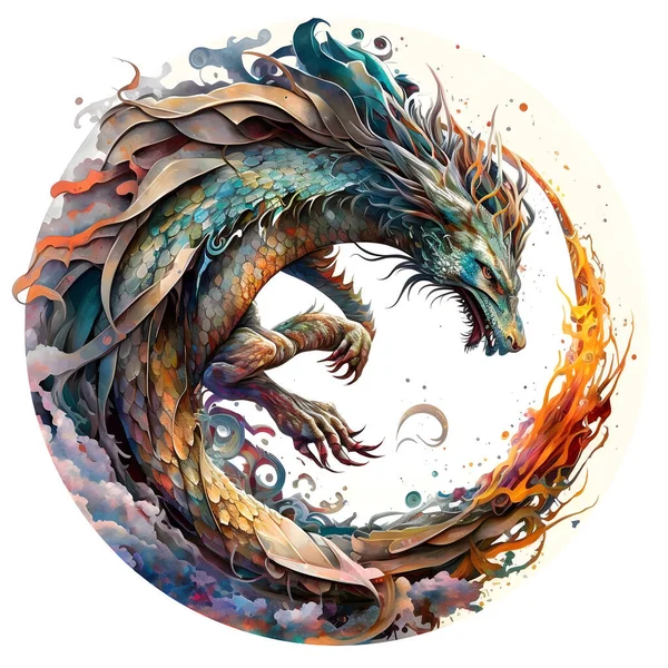 Fantasy dragon writhing in a circular emblem. Asian mythological creature. isolated background, art illustration, label, sticker, t-shirt printing