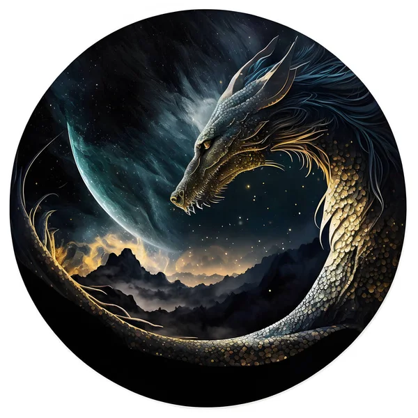 Een Magische Draak Die Ronddraait Sterrenhemel Aziatisch Mythologisch Wezen Geïsoleerde — Stockfoto
