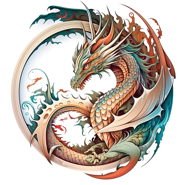 Dragón Fantasía Representado Una Etiqueta Circular Criatura Mitológica Oriental Vetctor — Foto de Stock