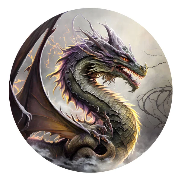 Fantástico Dragón Retorciéndose Emblema Circular Criatura Mitológica Asiática Fondo Aislado — Foto de Stock
