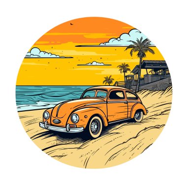Plajda, palmiye ağaçlarının arasına park etmiş bir araba. Yaz ve tatil kampları sahilde. izole edilmiş arkaplan, vektör illüstrasyonu, etiket, etiket, t-shirt yazdırma
