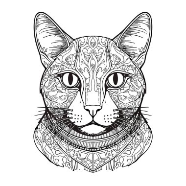 Siyah mürekkeple çizilmiş kedi kafası silueti. izole edilmiş arkaplan, vektör illüstrasyonu, etiket, etiket, t-shirt yazdırma