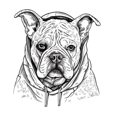 Yağmurluk giymiş şirin Pug. izole edilmiş arkaplan, vektör illüstrasyonu, etiket, etiket, t-shirt yazdırma