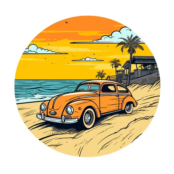 Припаркованный Автомобиль Пляже Среди Пальм Летний Праздничный Кемпинг Пляже Изолированный — стоковый вектор