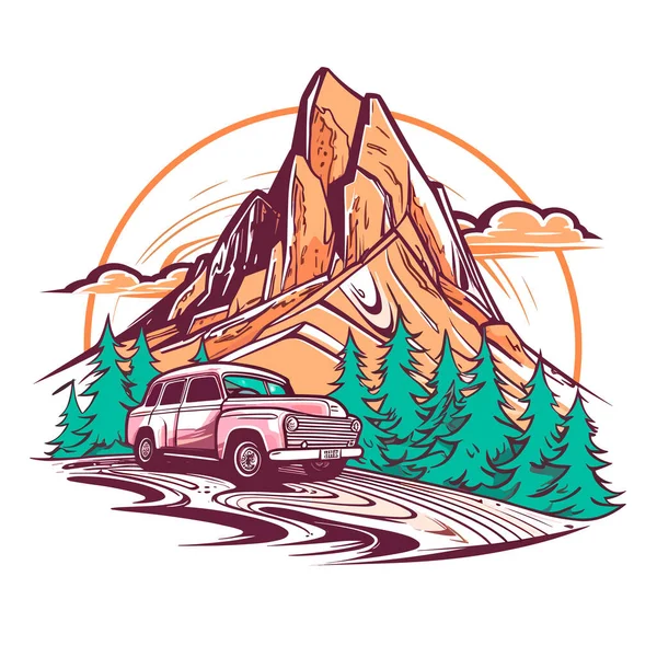 Car Trip Mountains Silhouette Mountains Background Cartoon Vector Illustration White — Stock Vector