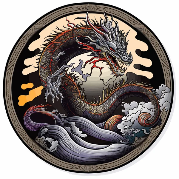 在圆形标签中描绘的幻想龙 东方神话中的生物彩色图片 白色背景 T恤衫设计 — 图库矢量图片