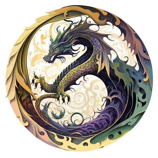 円形のラベルに描かれた水龍 東神話の生き物だ ベクターイラスト ラベル ステッカー Tシャツデザイン — ストックベクタ