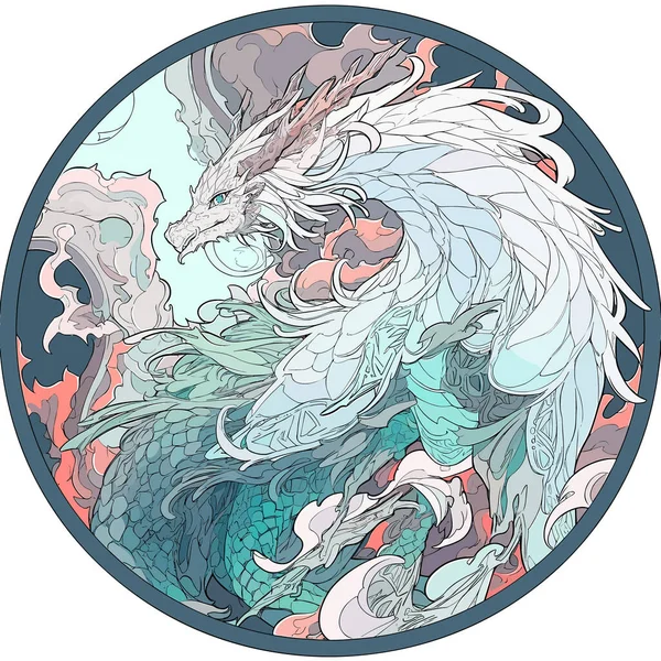 Dragon Féerique Représenté Dans Emblème Circulaire Créature Isolated Mythologique Asiatique — Image vectorielle