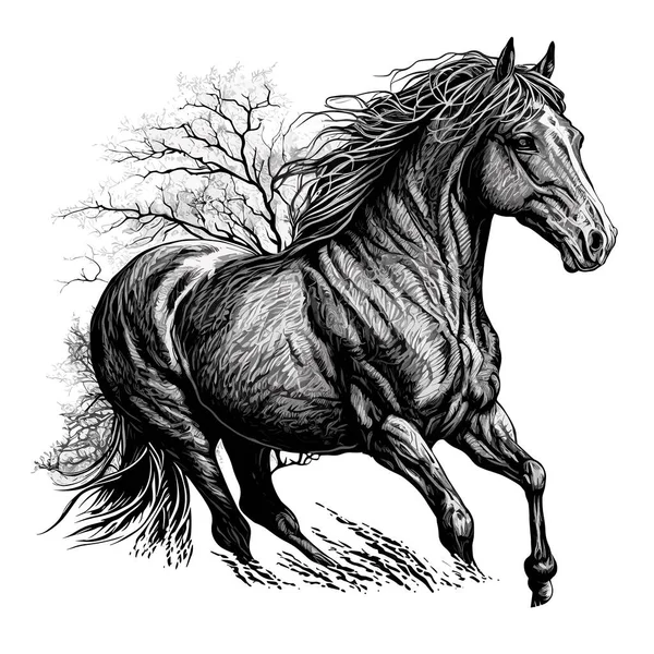 Paard Getekend Zwarte Inkt Geïsoleerde Achtergrond Vectorillustratie Label Sticker Shirt — Stockvector