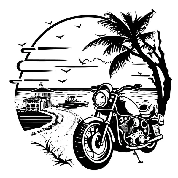 Motocicleta Estacionada Praia Entre Palmeiras Verão Férias Acampar Praia Fundo — Vetor de Stock