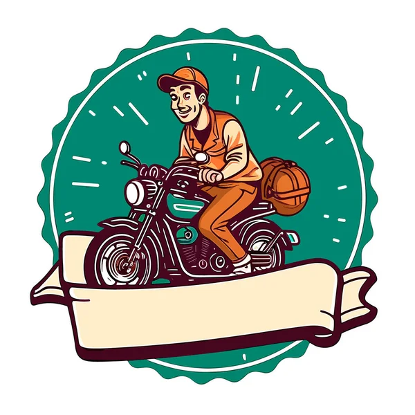 オートバイの配達だ ピザやファーストフードの配達 配達の少年やオートバイの宅配便 漫画のベクターイラスト ラベル ステッカー Tシャツデザイン — ストックベクタ