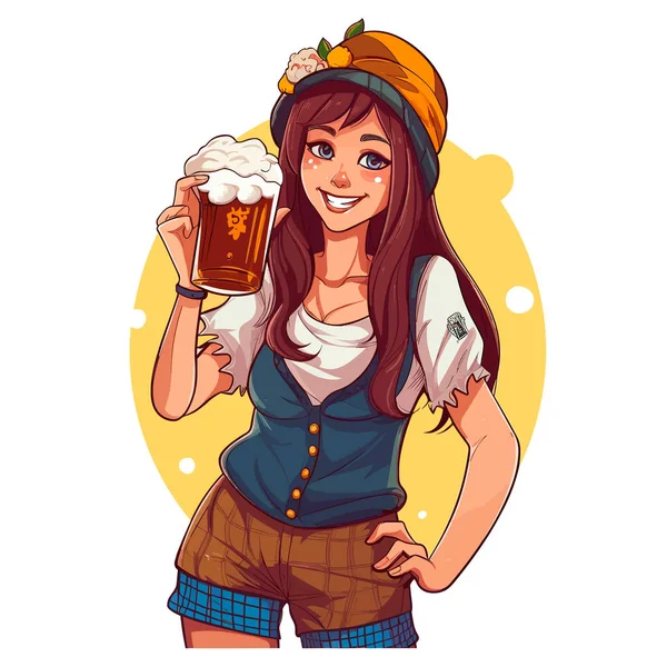 Młoda Kelnerka Oktoberfest Urody Tradycyjnej Sukience Serwująca Duże Kubki Piwa — Wektor stockowy