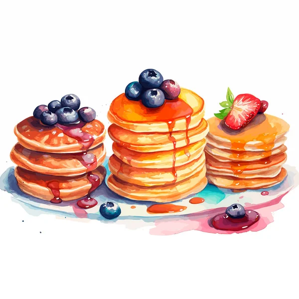 Pancake Lezat Dengan Blueberry Segar Stroberi Dan Sirup Maple Dengan - Stok Vektor