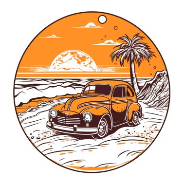 Araçla Holliday yolu gezisi. Arka planda batan güneş olan palmiye ağaçlarının siluetleri. çizgi film vektör illüstrasyonu, beyaz arkaplan, etiket, çıkartma, t-shirt tasarımı