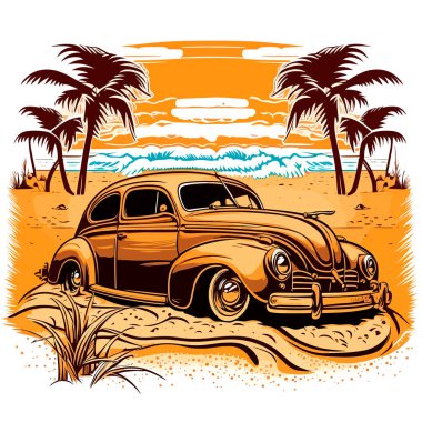 Araçla Holliday yolu gezisi. Arka planda batan güneş olan palmiye ağaçlarının siluetleri. çizgi film vektör illüstrasyonu, beyaz arkaplan, etiket, çıkartma, t-shirt tasarımı