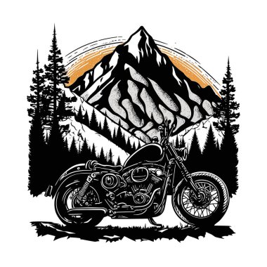 Motosikletle Holliday yolu gezisi. Dağlara bir motosiklet gezisi. Bir doğa parkını ya da rezervasyonu ziyaret edin. çizgi film vektör illüstrasyonu, beyaz arkaplan, etiket, çıkartma, t-shirt tasarımı