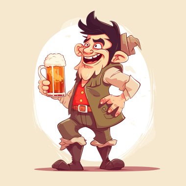Bir çizgi film karakteri bira içerken bira festivalini kutluyor. çizgi film vektör illüstrasyonu, beyaz arkaplan, etiket, çıkartma, t-shirt tasarımı