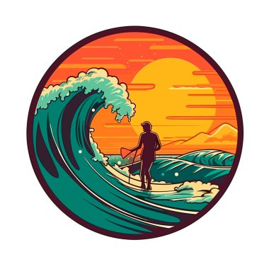 Tropik ada dalgası ve sörfçüsü. Sahilde ve denizde yaz. Vektör illüstrasyonu, beyaz arkaplan, etiket, etiket, t-shirt tasarımı