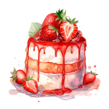 Lezzetli çilekli tatlı ya da pasta. Su renkleriyle boyanmış. beyaz arkaplan, vektör illüstrasyonu