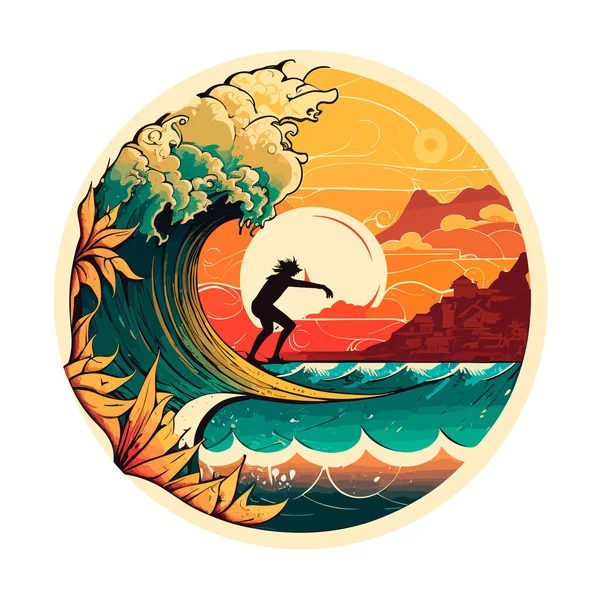 Silhouette Surfeur Sur Une Vague Océanique Style Dessin Animé Cours — Image vectorielle