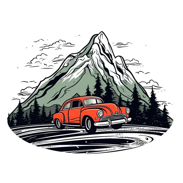 Ολοήμερη Εκδρομή Όχημα Ένα Ταξίδι Αυτοκίνητο Στα Βουνά Επισκεφθείτε Ένα — Διανυσματικό Αρχείο