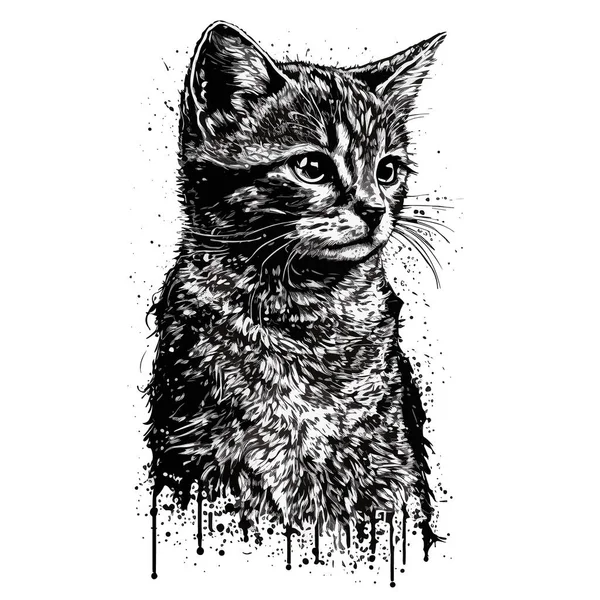 잉크로 고양이 별도의 일러스트 레이블 스티커 티셔츠 — 스톡 벡터