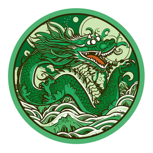 Zielony Smok Wirujący Okrągłym Godle Azjatyckie Wschodnie Mitologiczne Stworzenie Odizolowane — Wektor stockowy