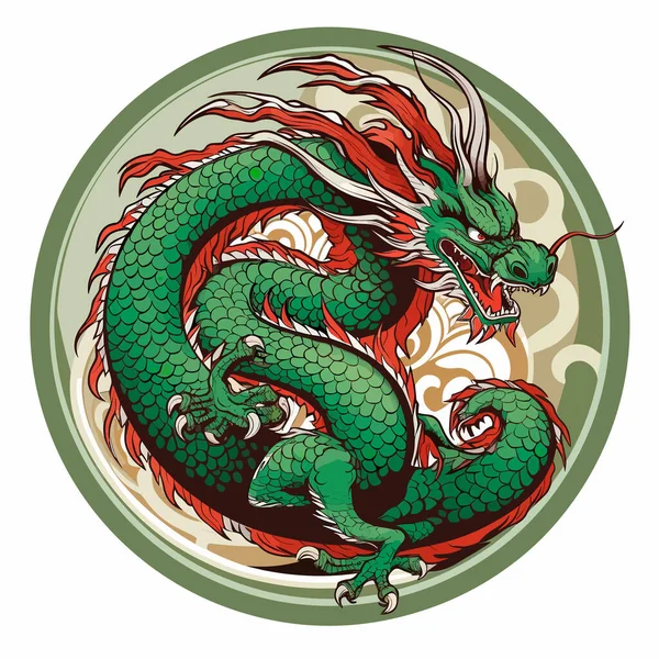 円形の紋章に緑の龍が渦巻いている アジアと東洋の神話の生き物 孤立した背景 アートイラスト ラベル ステッカー Tシャツプリント — ストックベクタ