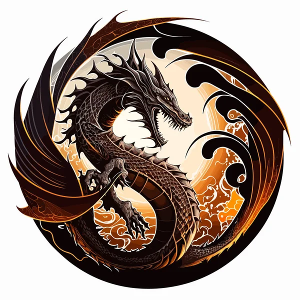 一只神奇的龙在圆圆的徽章里扭动着 亚洲神话中的生物孤立的背景 艺术插图 T恤衫印刷 — 图库矢量图片