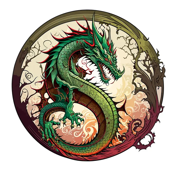 円形の看板に神話の龍が渦巻く アジア神話の生き物 孤立した背景 アートイラスト ラベル ステッカー Tシャツプリント — ストックベクタ