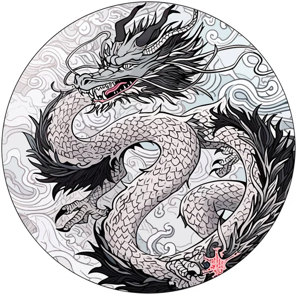 Dragon Traditionnel Asie Est Représenté Dans Emblème Circulaire Créature Mythologique — Image vectorielle