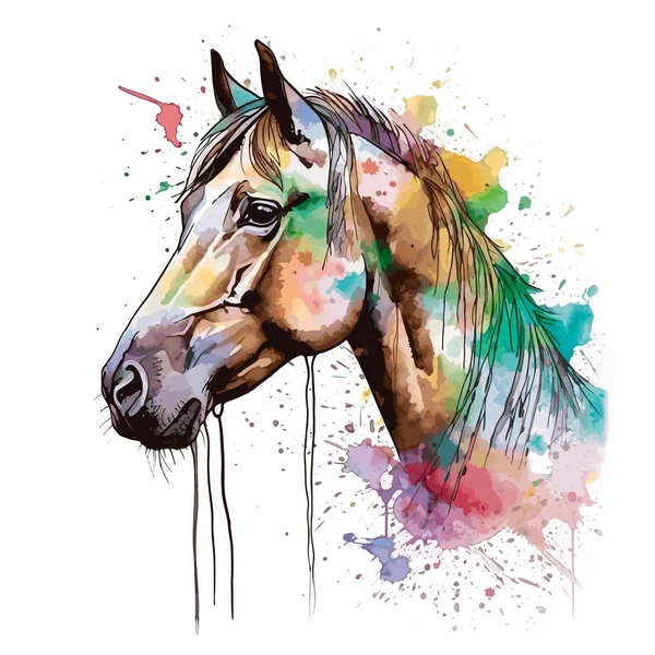 Cavalo Desenhado Aquarela Ilustração Vetor Fundo Branco Etiqueta Etiqueta Projeto —  Vetores de Stock