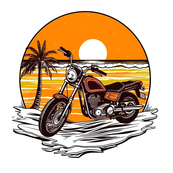 오토바이를 이용한 홀리데이 야자수의 실루엣에 배경에 스티커 티셔츠 디자인 — 스톡 벡터