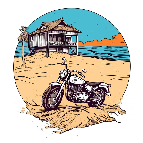 오토바이를 이용한 홀리데이 뉘엿뉘엿 해변에 오토바이 일러스트 스티커 티셔츠 — 스톡 벡터