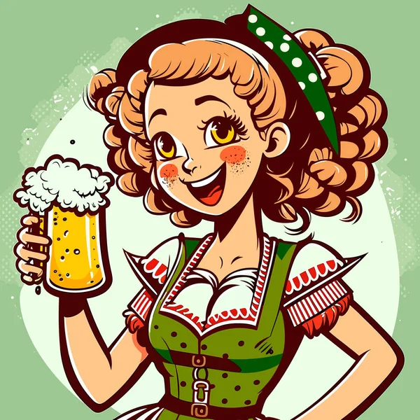 Cartoon Cute Postać Oktoberfest Kelnerka Noszenie Tradycyjnego Kostiumu Obsługujących Duże — Wektor stockowy