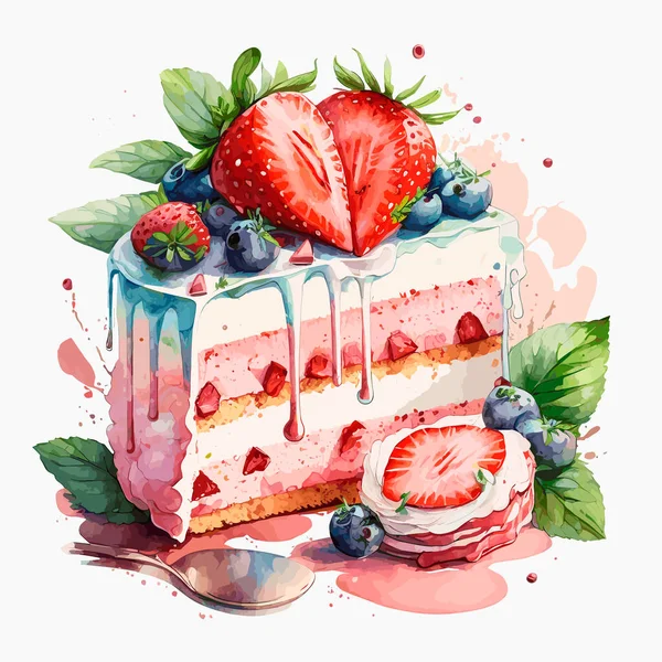 Kalter Kuchen Mit Erdbeere Und Erdbeergelee Vektor Illustration Weißer Hintergrund — Stockvektor