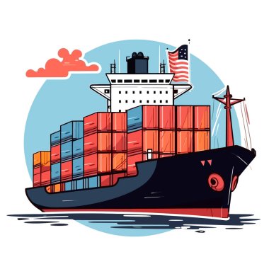 Malları taşıyan konteynır kargo gemisi. Lojistik ihracat ve ulaşım endüstrisi. Vektör illüstrasyonu, beyaz arkaplan, etiket, etiket