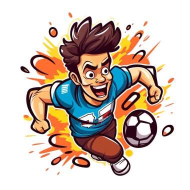 Genç bir futbolcu topa vuruyor. Spor disiplinleri. çizgi film vektör illüstrasyonu, beyaz arkaplan, etiket, etiket