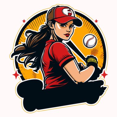Young agile woman baseball player ready to hit the ball. cartoon vector illustration, label, sticker, white background clipart