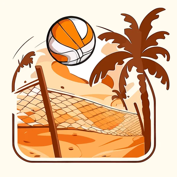 stock vector Beach volleyball court with palm trees on the beach. Sports disciplines. cartoon vector illustration, white background, label, sticker