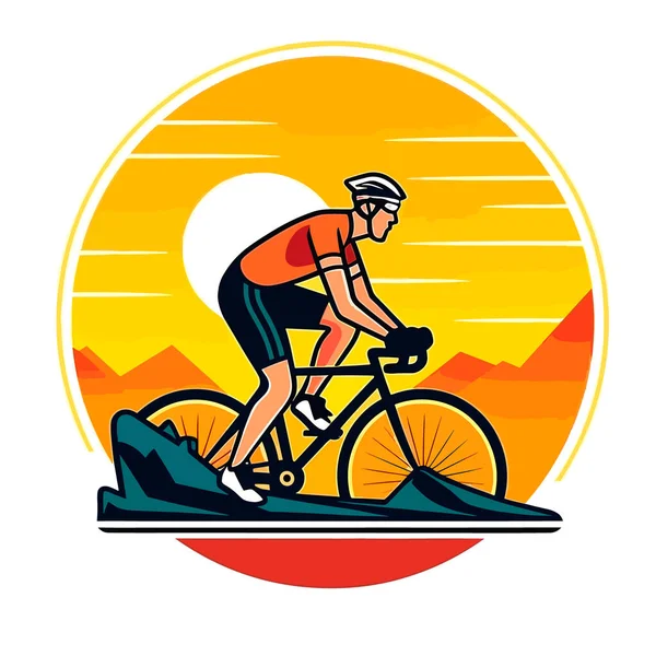 自転車でレースサイクリスト 漫画のベクトルイラスト孤立した背景ラベルステッカー — ストックベクタ