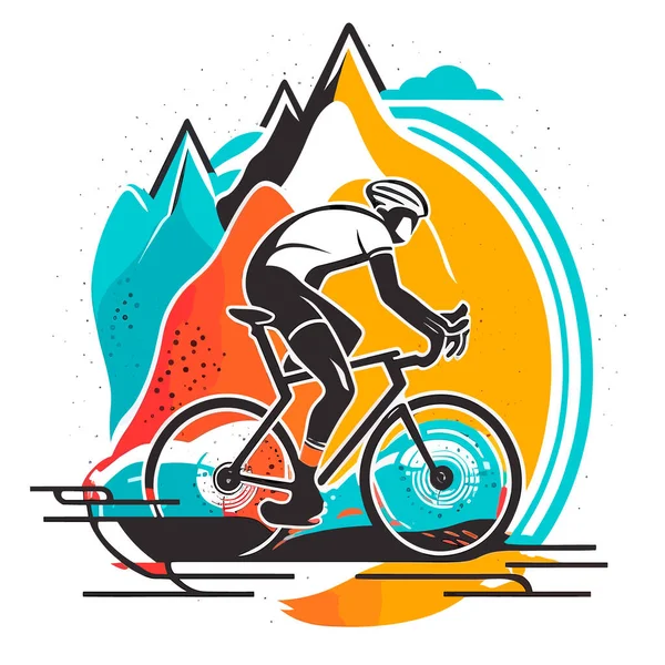 自転車でレースサイクリスト 漫画のベクトルイラスト孤立した背景ラベルステッカー — ストックベクタ